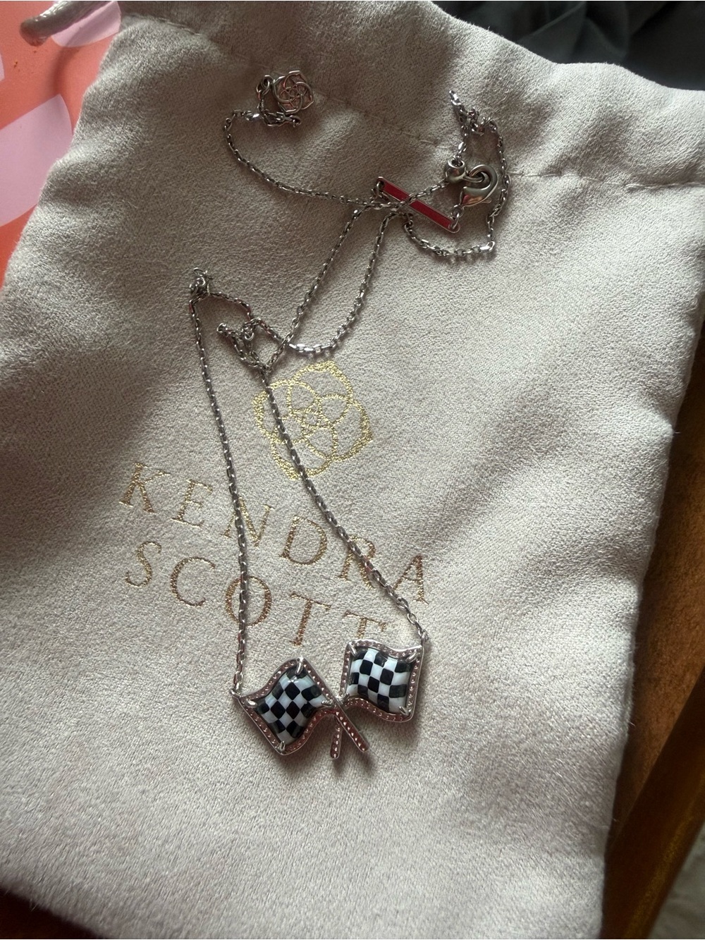 Kendra Scott Silver Checkered Flag Pendant Necklace in Black and Red Accents